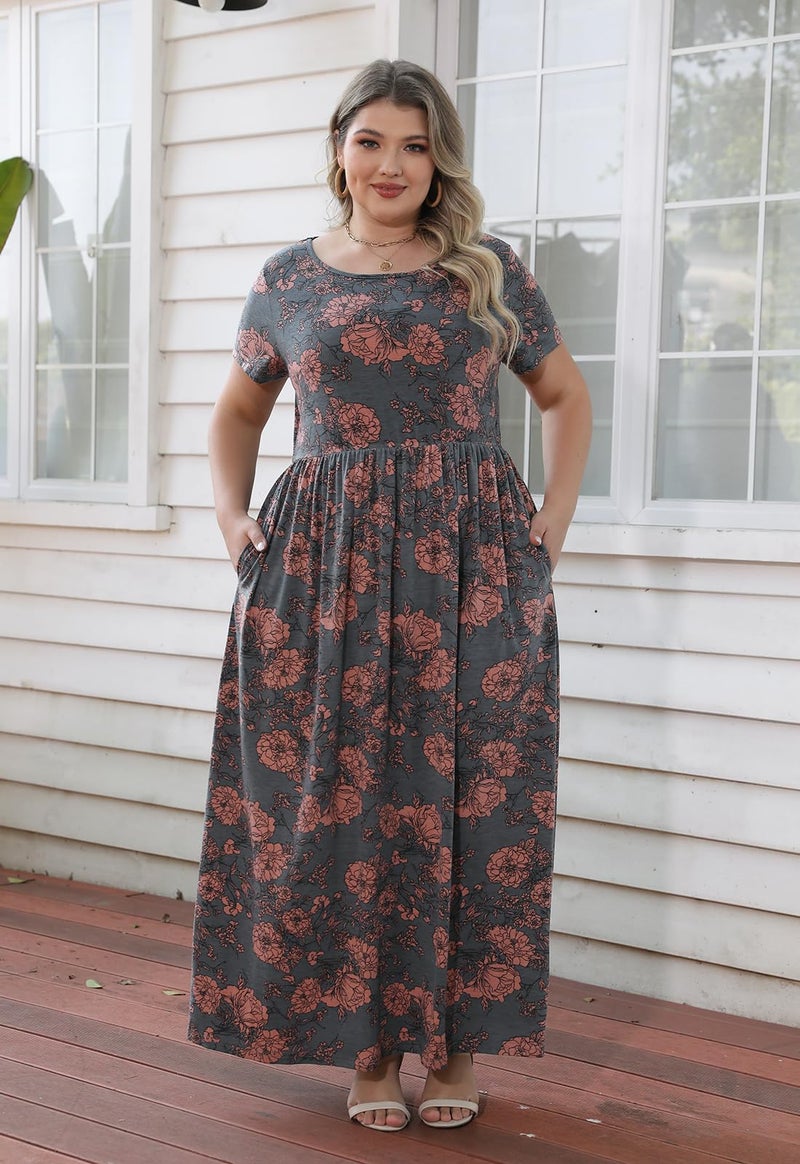 Nemidor Women Short Sleeve Loose Plain Casual Plus Size Long Maxi Dress with Pockets (16,179+Pink Print) - Image 3